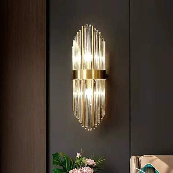 Zeev Lighting 2-Light 24 Sleek Aged Brass Banded Vertical Crystal Wall Sconce