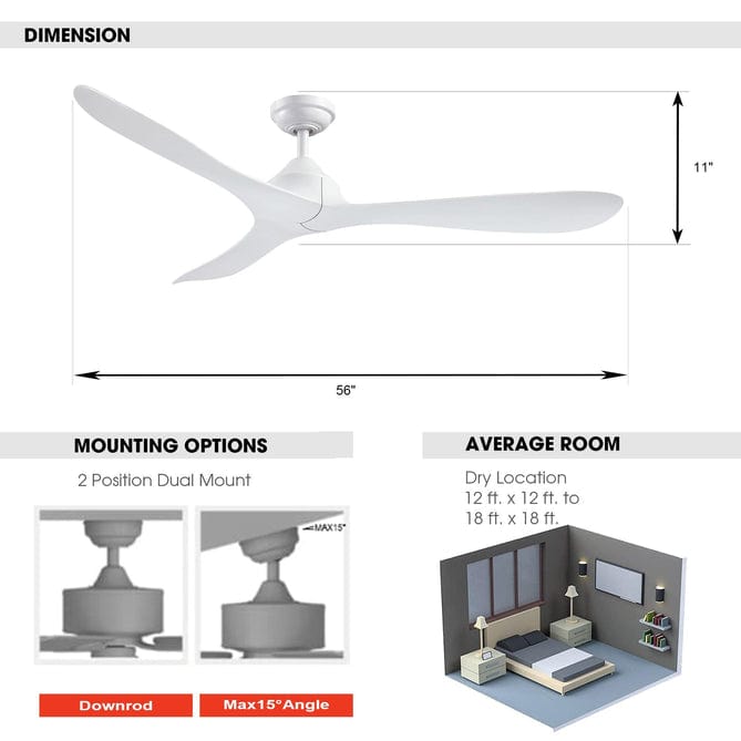 Parrot Uncle 56" Modern DC Motor Downrod Mount Reversible Ceiling Fan with Remote Control