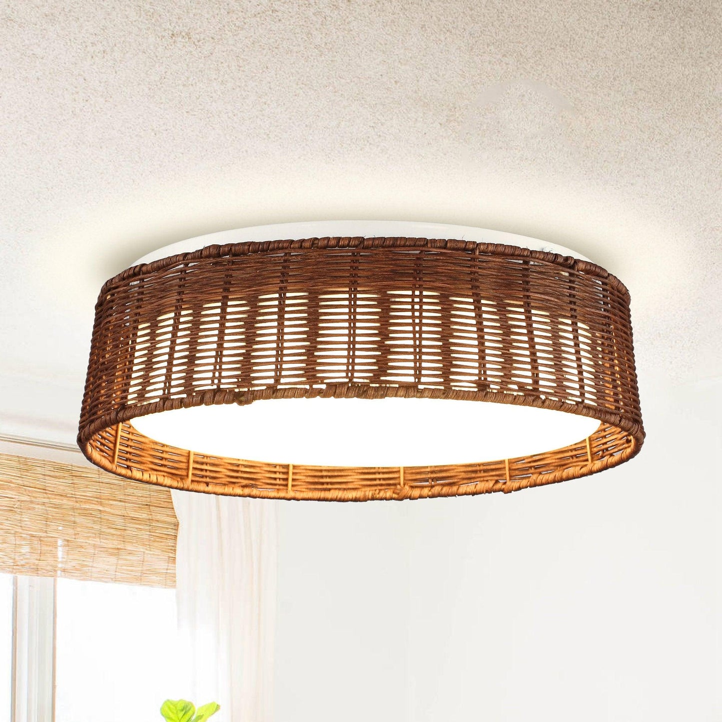 16.5" Traditional Brown Rattan Flush Mount Lighting with LED