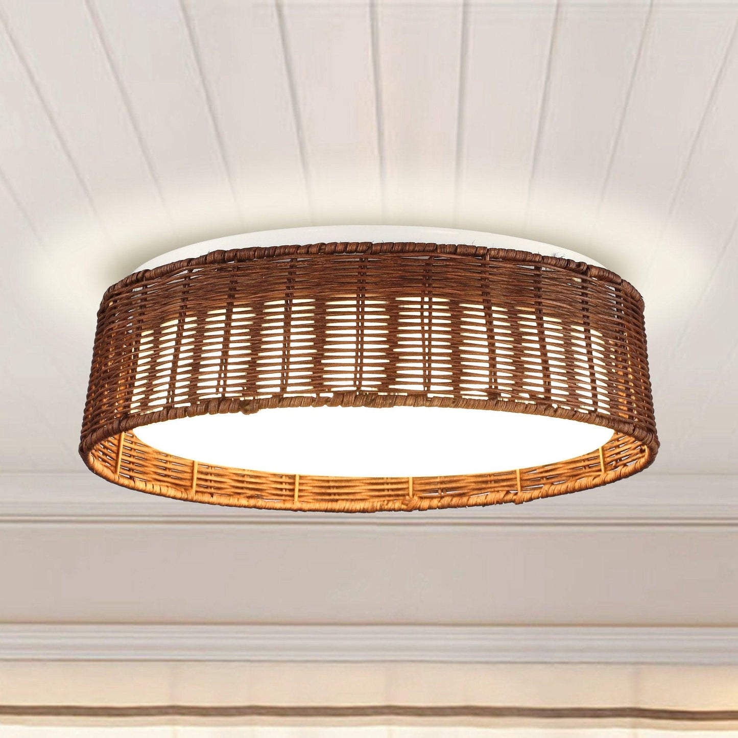 16.5" Traditional Brown Rattan Flush Mount Lighting with LED