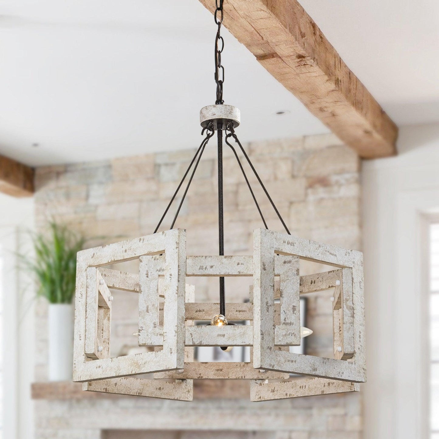 4-Light Distressed White Wooden Drum Chandelier