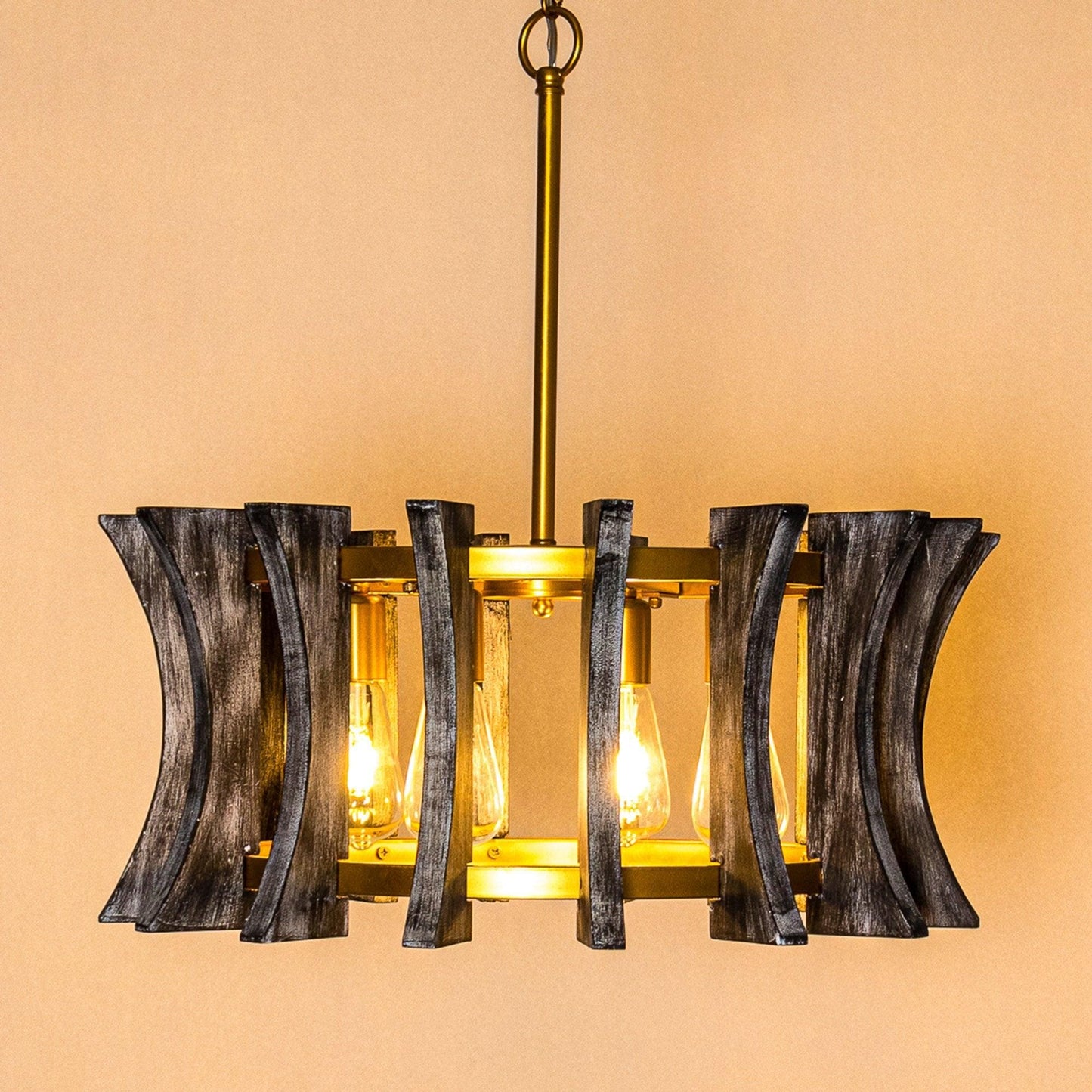 4-Light Grey Wooden Drum Chandelier