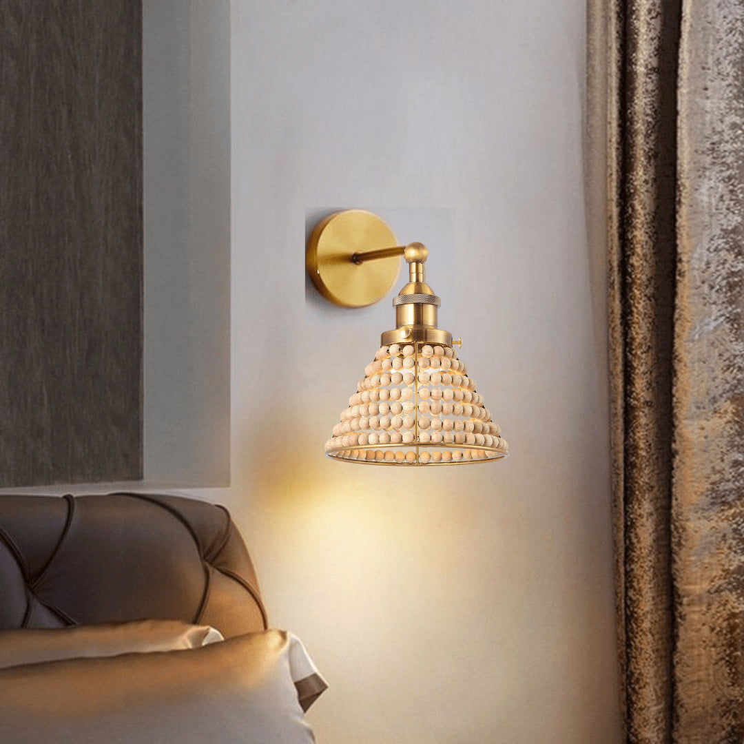 1-Light Modern Golden Wall Scone Light with Wooden Beads