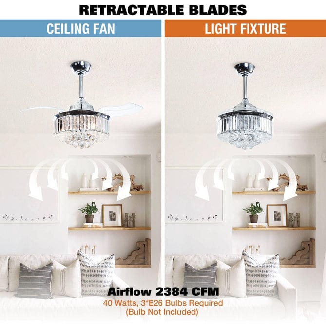 Parrot Uncle 36" Broxburne Modern Chrome Downrod Mount Retractable Crystal Ceiling Fan with Lighting and Wall Control