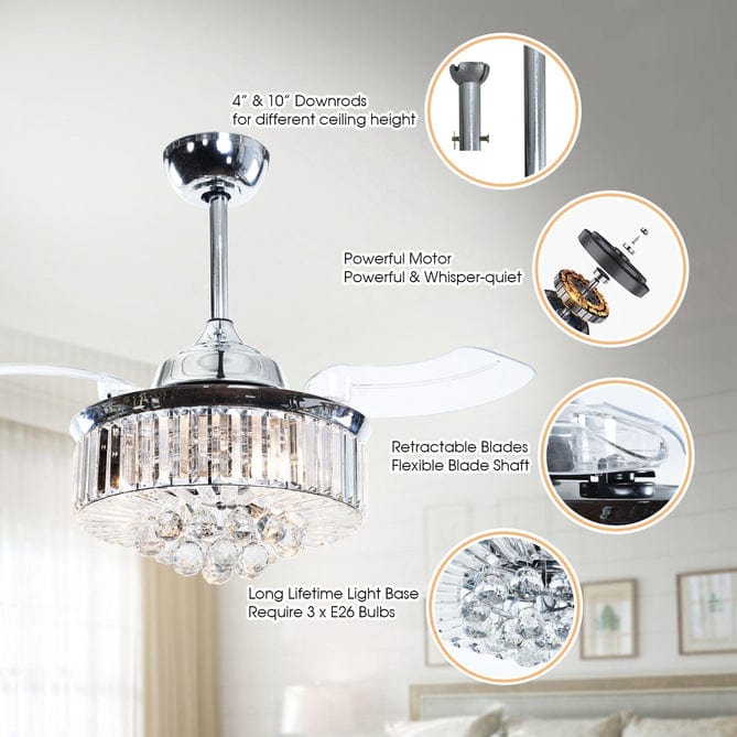 Parrot Uncle 36" Broxburne Modern Chrome Downrod Mount Retractable Crystal Ceiling Fan with Lighting and Wall Control