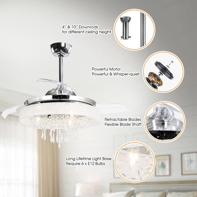 Parrot Uncle 42" Modern Chrome Downrod Mount Crystal Ceiling Fan with Lighting and Remote Control