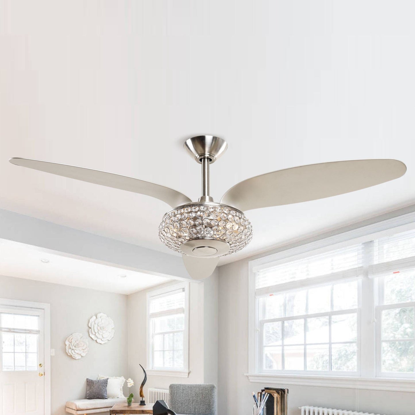 Parrot Uncle 52" Brevoort Modern Brushed Nickel Downrod Mount Crystal Reversible Ceiling Fan with Lighting and Remote Control