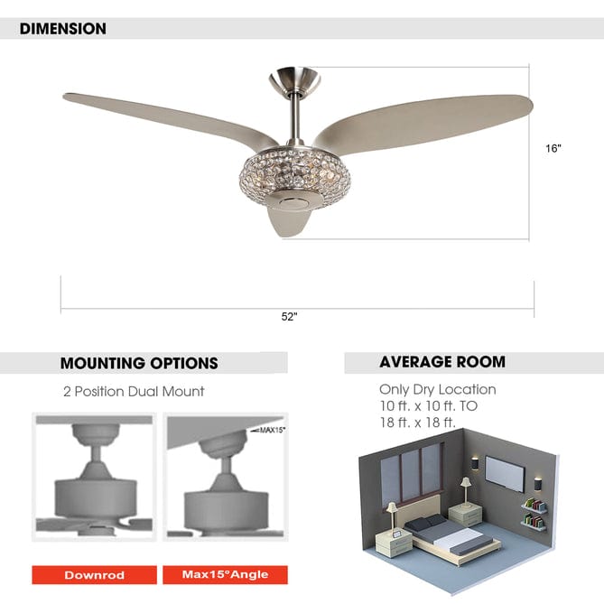 Parrot Uncle 52" Brevoort Modern Brushed Nickel Downrod Mount Crystal Reversible Ceiling Fan with Lighting and Remote Control