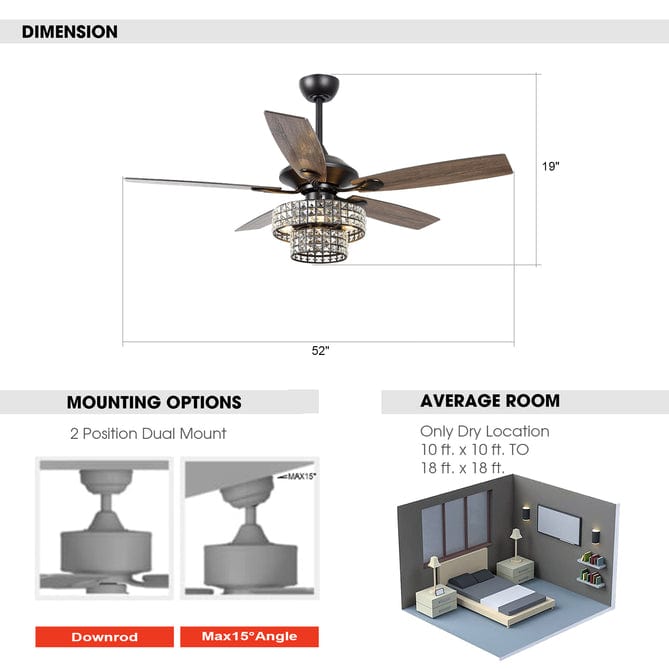 Parrot Uncle 52" Howell Modern Downrod Mount Reversible Crystal Ceiling Fan with Lighting and Remote Control