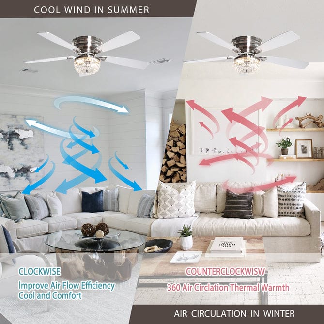 Parrot Uncle 48" Modern Flush Mount Reversible Crystal Ceiling Fan with Lighting and Remote Control