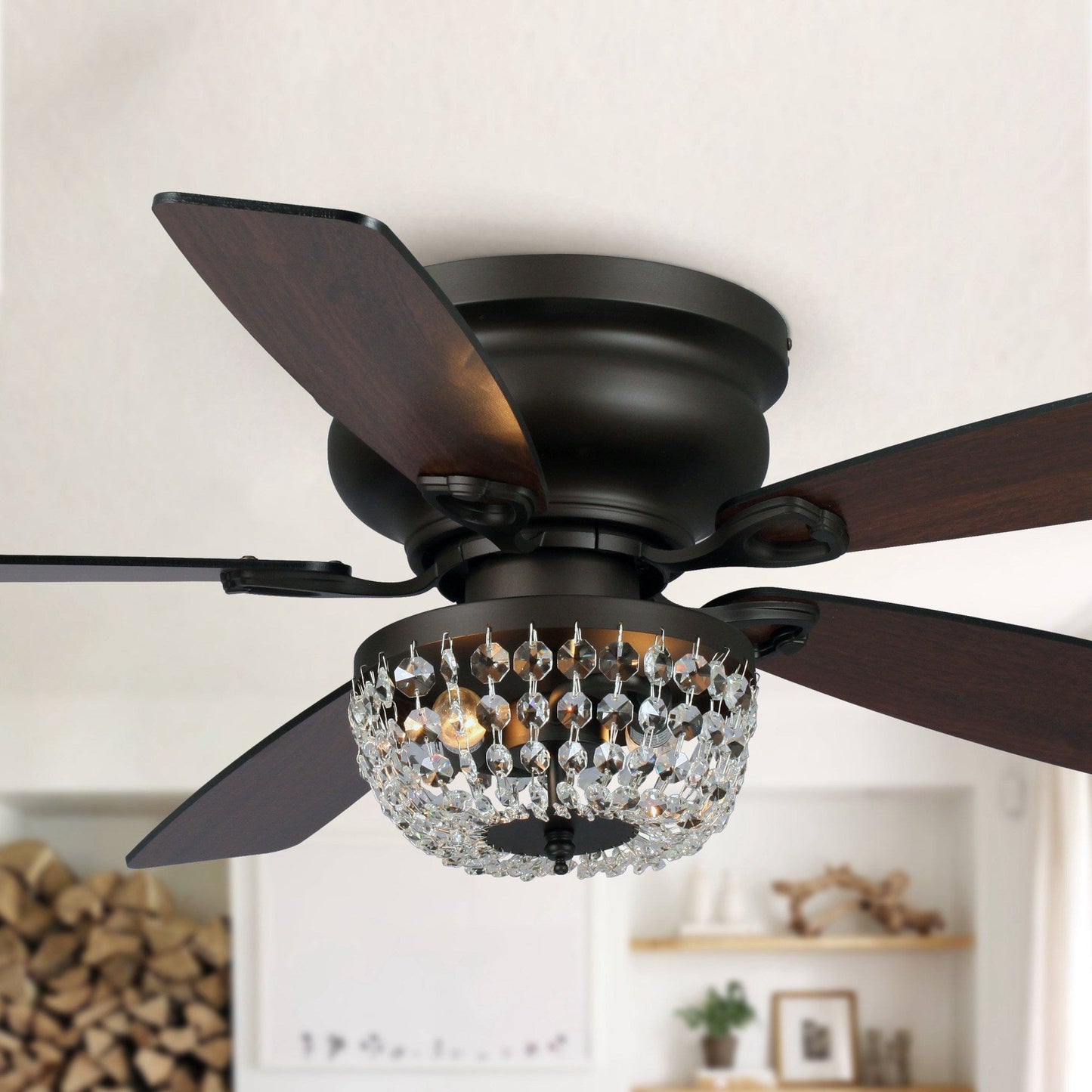 Parrot Uncle 48" Modern Flush Mount Reversible Crystal Ceiling Fan with Lighting and Remote Control