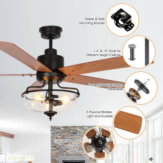 Parrot Uncle 52" Mumbai Industrial Downrod Mount Reversible Ceiling Fan with Lighting and Remote Control