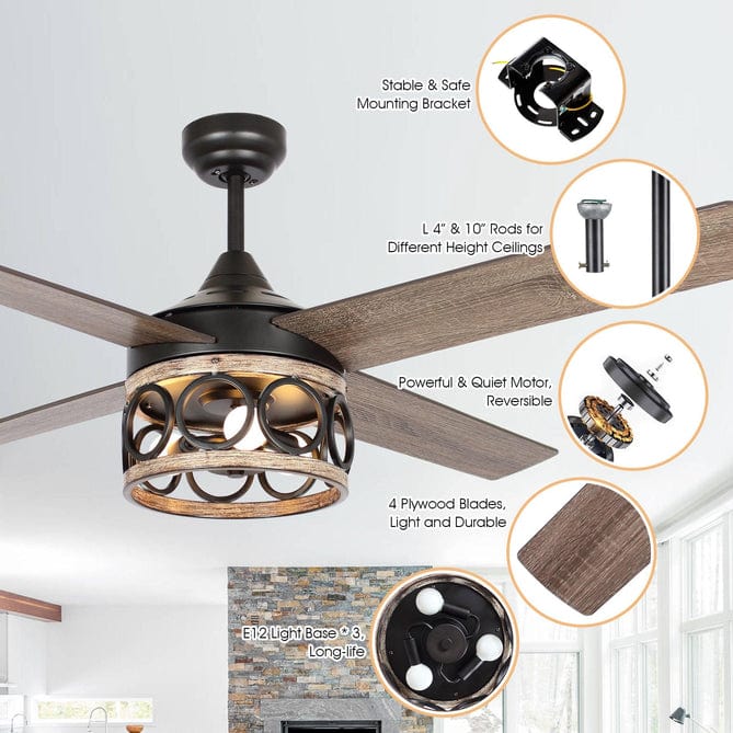 Parrot Uncle 52" Kashmir Farmhouse Downrod Mount Reversible Ceiling Fan with Lighting and Remote Control