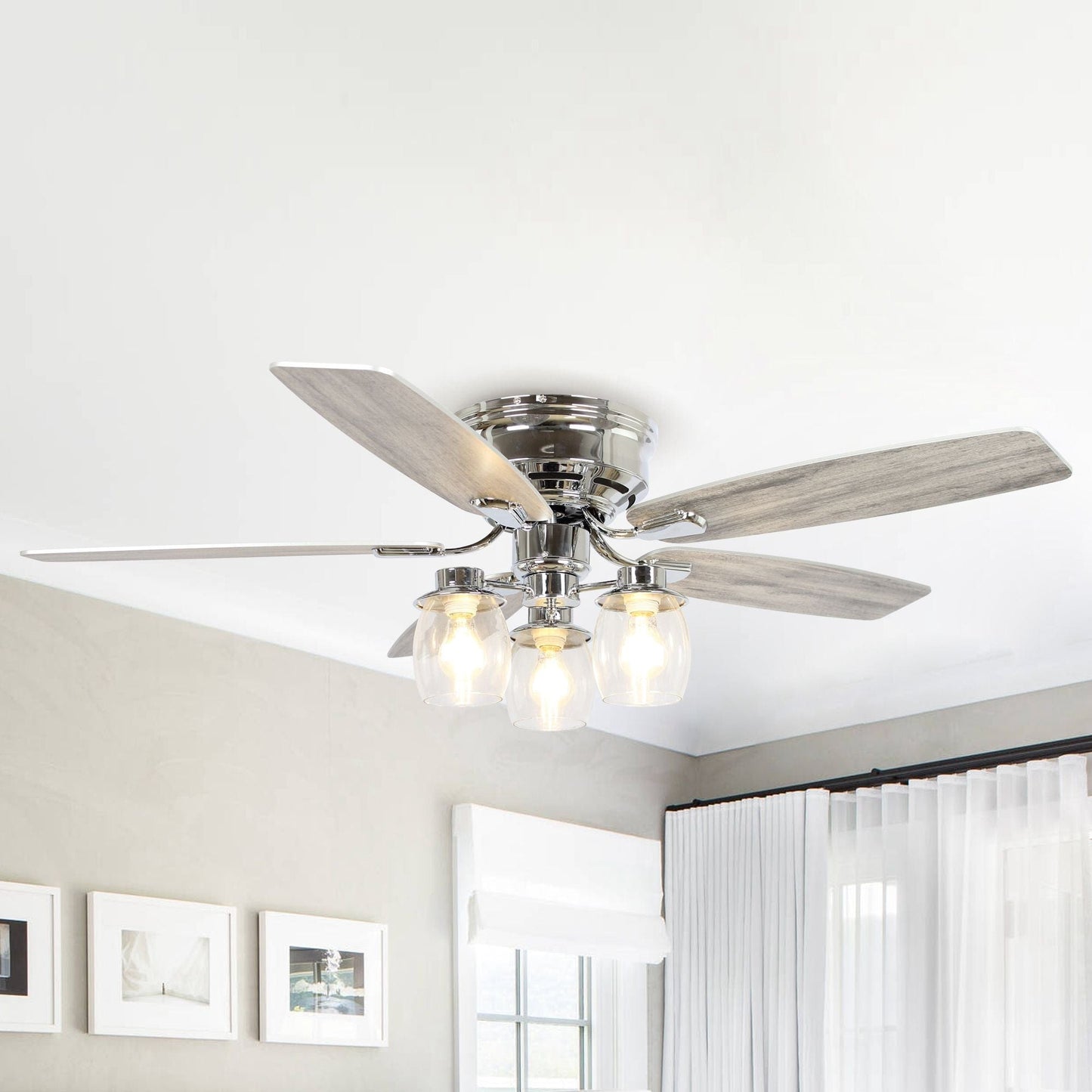 Parrot Uncle 52" Bangatore Modern Chrome Flush Mount Reversible Ceiling Fan with Lighting and Remote Control