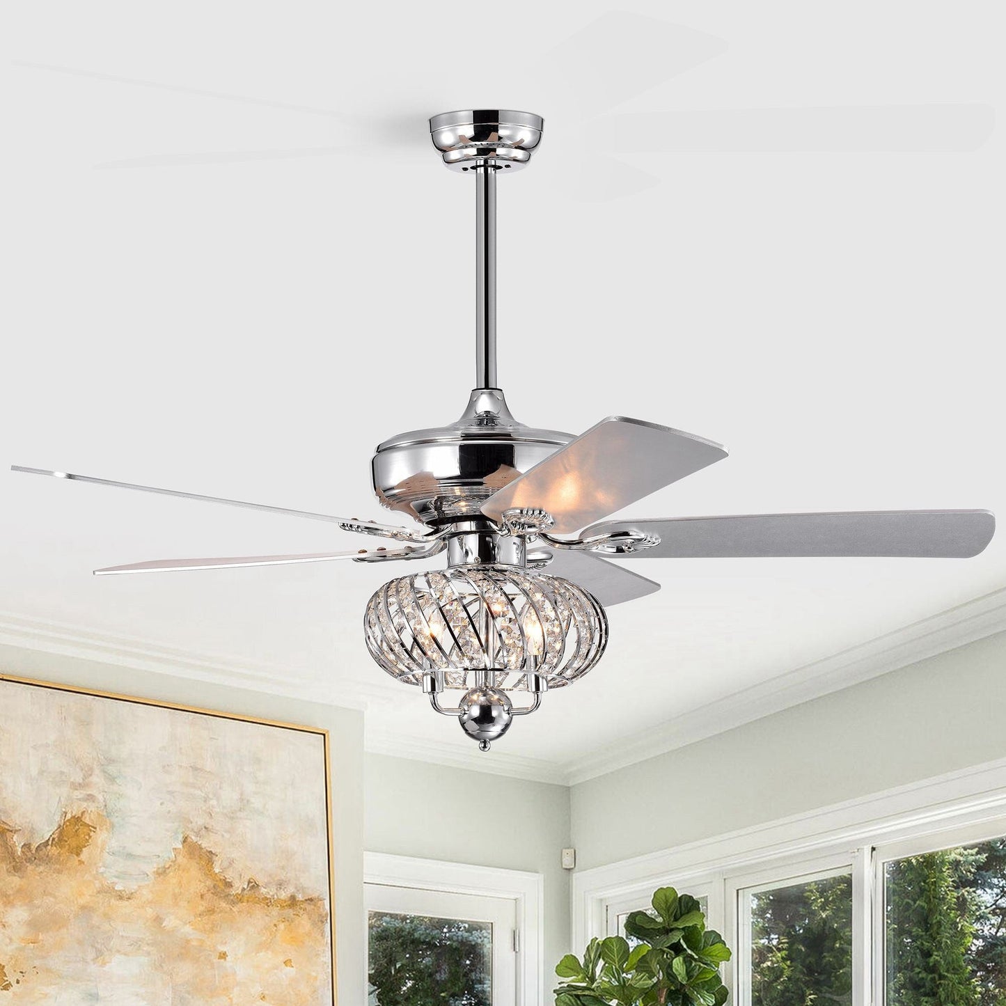 Parrot Uncle 50" Modern Chrome Downrod Mount Reversible Crystal Ceiling Fan with Lighting and Remote Control