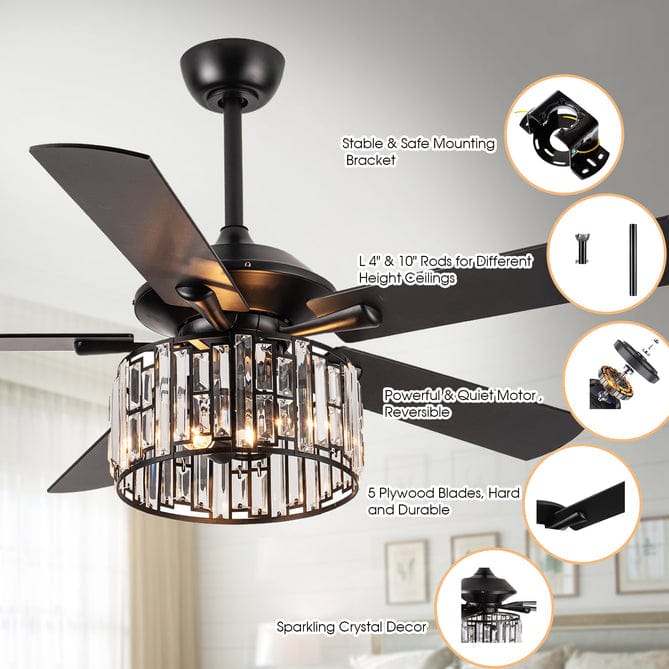 Parrot Uncle 52" Dicken Modern Downrod Mount Reversible Crystal Ceiling Fan with Lighting and Remote Control
