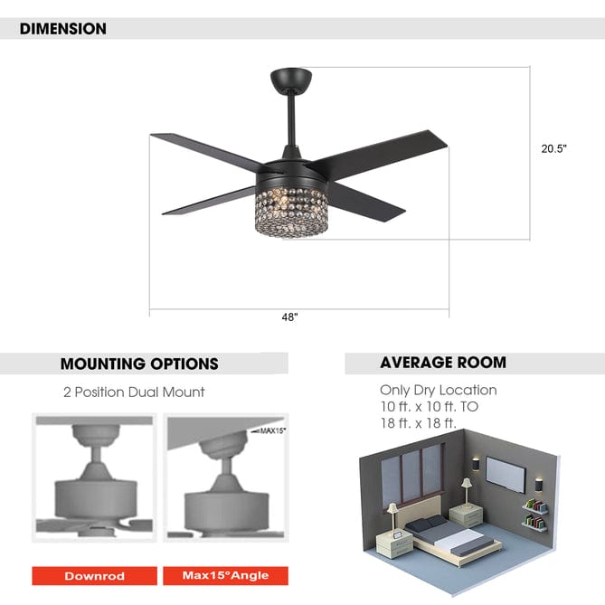Parrot Uncle 48" Pune Modern Downrod Mount Reversible Crystal Ceiling Fan with Lighting and Remote Control