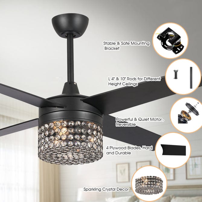 Parrot Uncle 48" Pune Modern Downrod Mount Reversible Crystal Ceiling Fan with Lighting and Remote Control