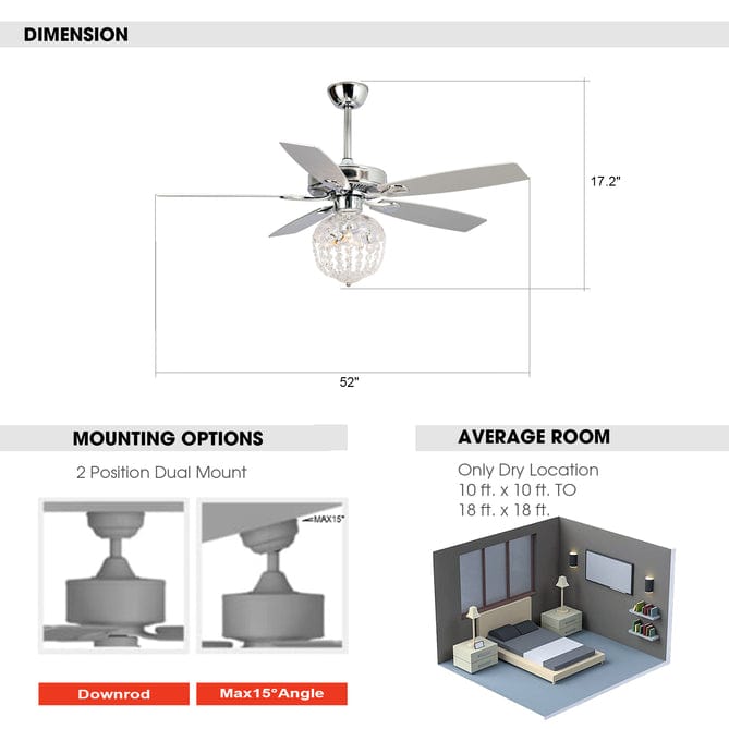 Parrot Uncle 52" Kashmir Modern Chrome Downrod Mount Reversible Crystal Ceiling Fan with Lighting and Remote Control