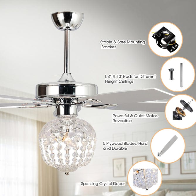 Parrot Uncle 52" Kashmir Modern Chrome Downrod Mount Reversible Crystal Ceiling Fan with Lighting and Remote Control