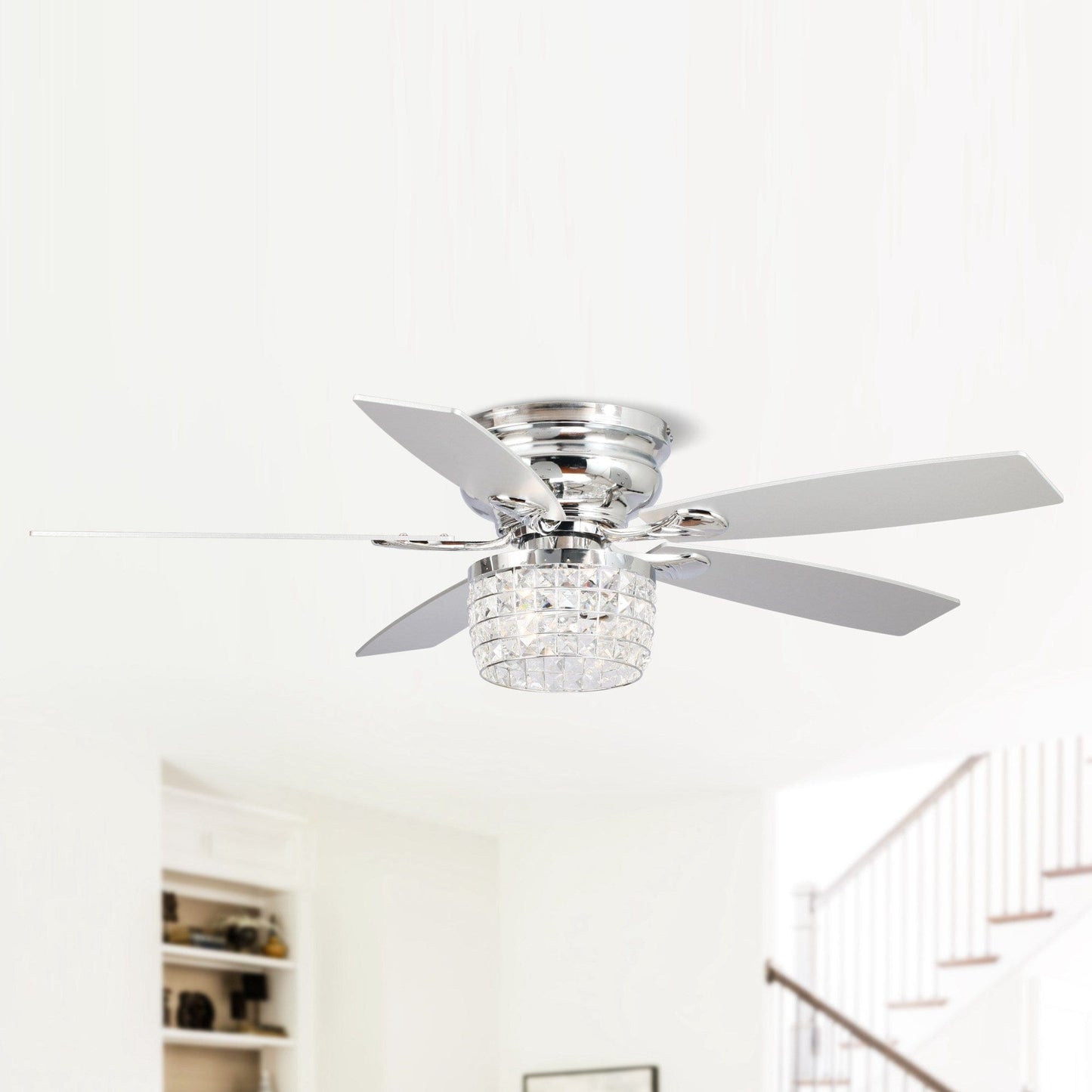 Parrot Uncle 52" Panipat Modern Chrome Flush Mount Reversible Crystal Ceiling Fan with Lighting and Remote Control