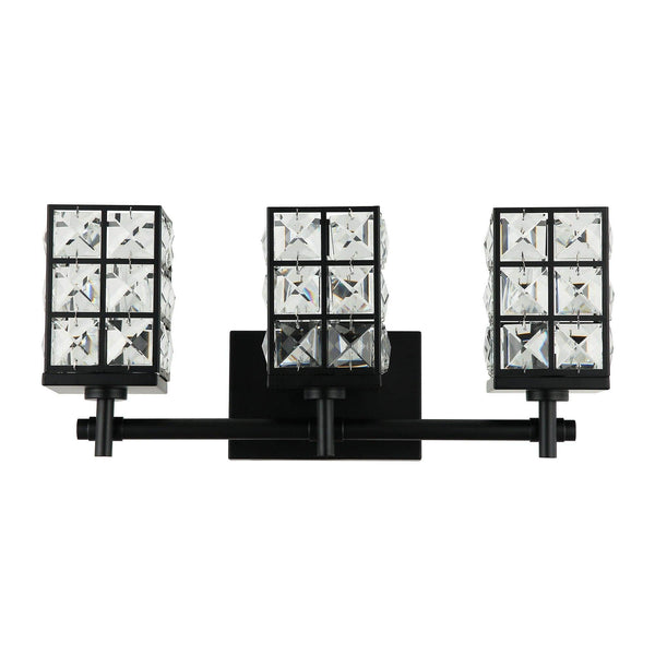 Modern 3-Light Black Wall Sconce with Crystal Shade