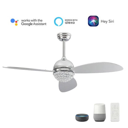 Carro USA Coren 48 inch 3-Blade Crystal Chandelier Smart Ceiling Fan with LED Light Kit & Remote