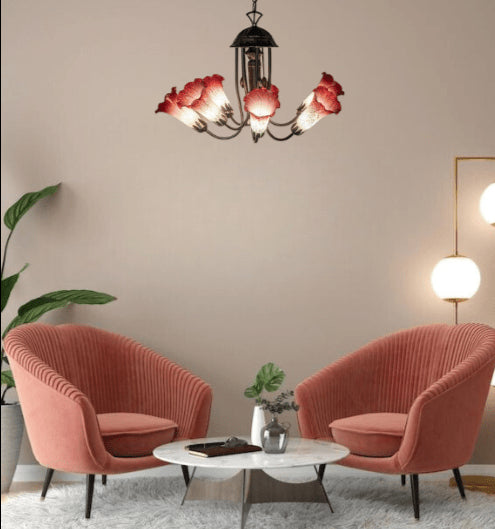 Meyda Lighting 24" Wide Pink/White Tiffany Pond Lily 7 Light Chandelier