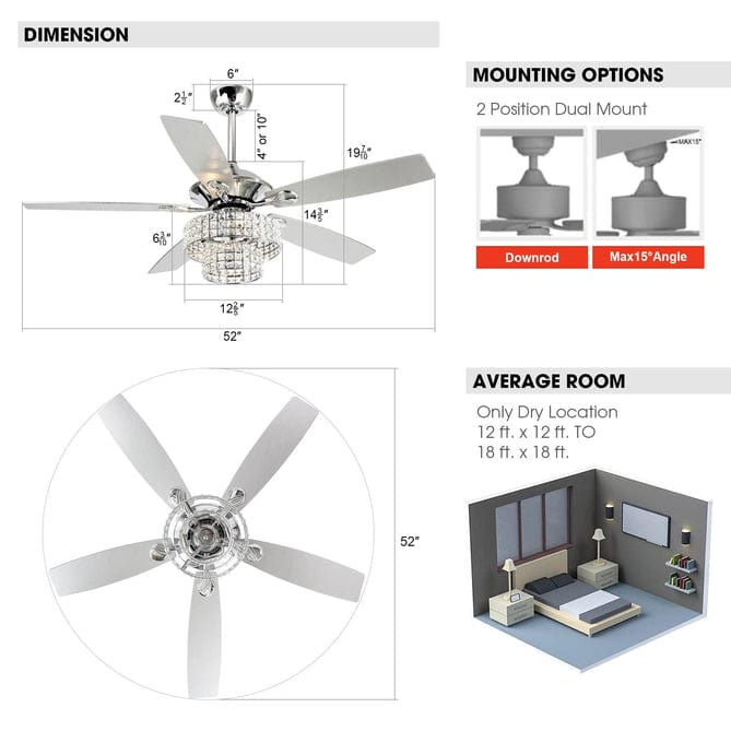 Parrot Uncle 52" Howell Modern Downrod Mount Reversible Crystal Ceiling Fan with Lighting and Remote Control