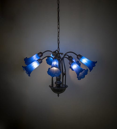 Meyda Lighting 24" Wide Blue Tiffany Pond Lily 7 Light Chandelier