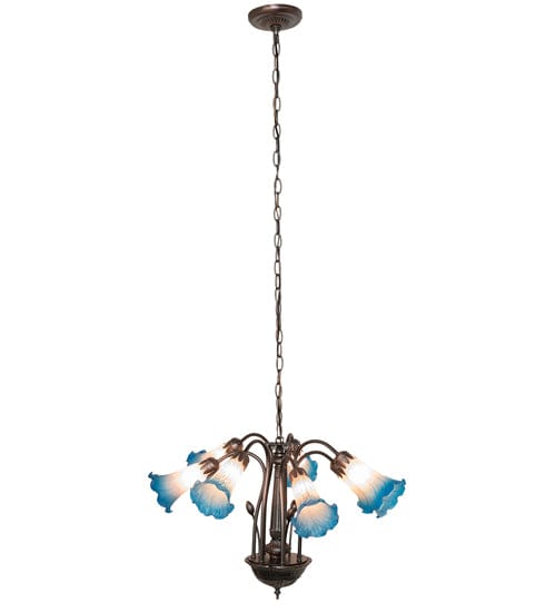 Meyda Lighting 24" Wide Pink/Blue Tiffany Pond Lily 7 Light Chandelier