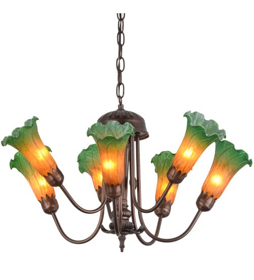 Meyda Lighting 24" Wide Amber/Green Tiffany Pond Lily 7 Light Chandelier