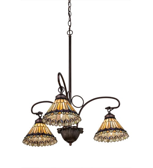 Meyda Lighting 24" Wide Tiffany Jeweled Peacock 3 Light Chandelier