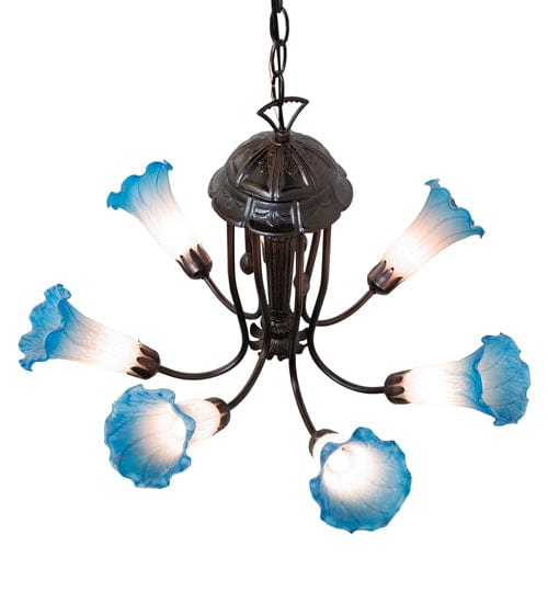 Meyda Lighting 24" Wide Pink/Blue Tiffany Pond Lily 7 Light Chandelier