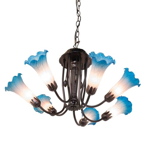 Meyda Lighting 24" Wide Pink/Blue Tiffany Pond Lily 7 Light Chandelier