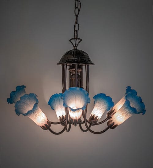 Meyda Lighting 24" Wide Pink/Blue Tiffany Pond Lily 7 Light Chandelier