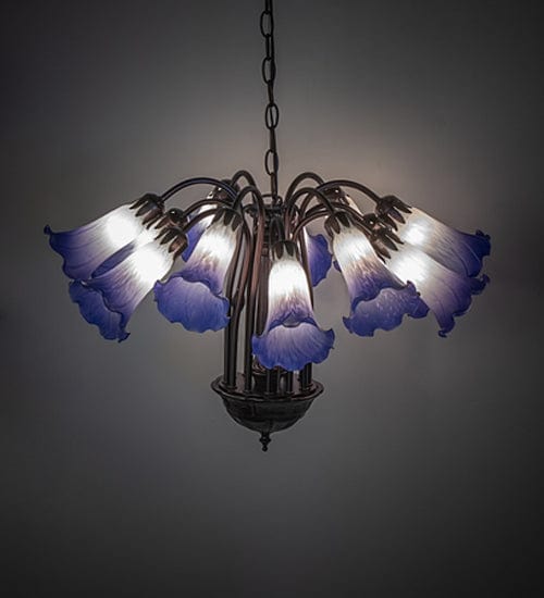 Meyda Lighting 24" Wide Blue/White Tiffany Pond Lily 12 Light Chandelier