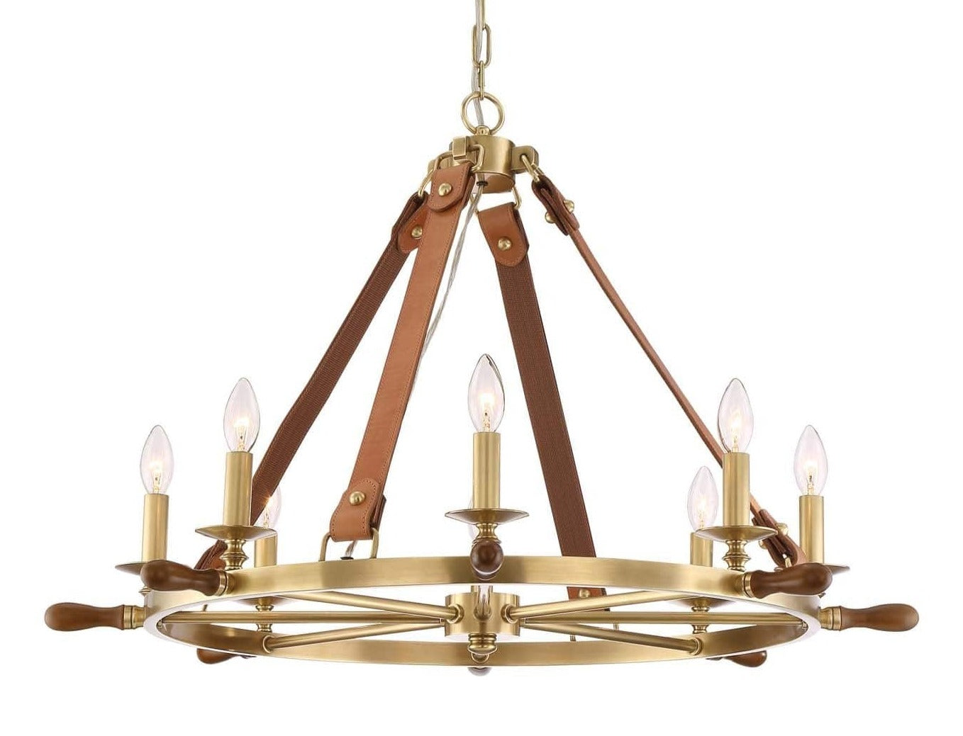 Zeev Lighting 12-Light 38" Nautical 2-Tier Leather & Real Wood Candle Chandelier