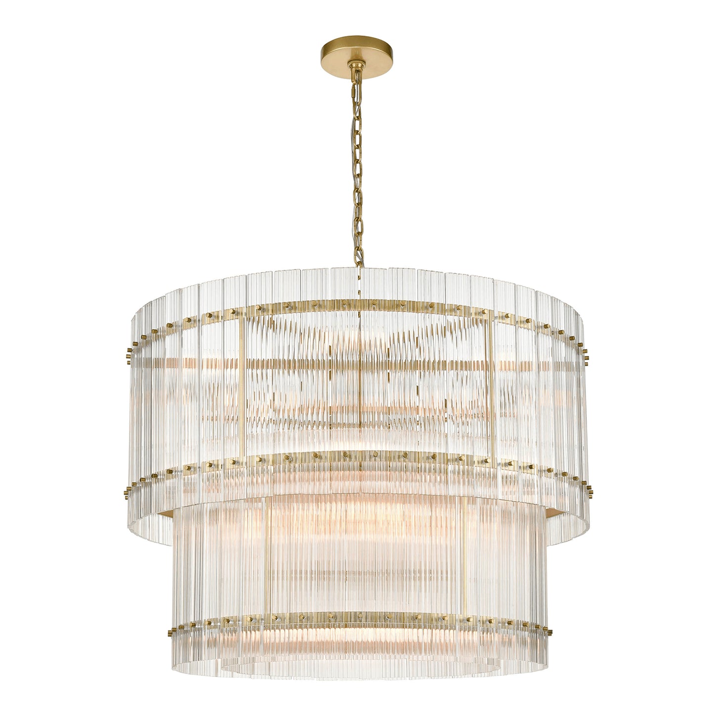 Zeev Lighting 16-Light Fluted Glass Panel 2-Tier Aged Brass Drum Chandelier