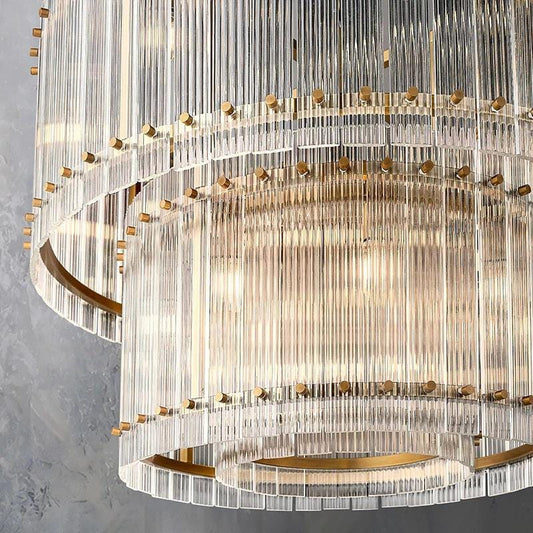 Zeev Lighting 16-Light Fluted Glass Panel 2-Tier Aged Brass Drum Chandelier