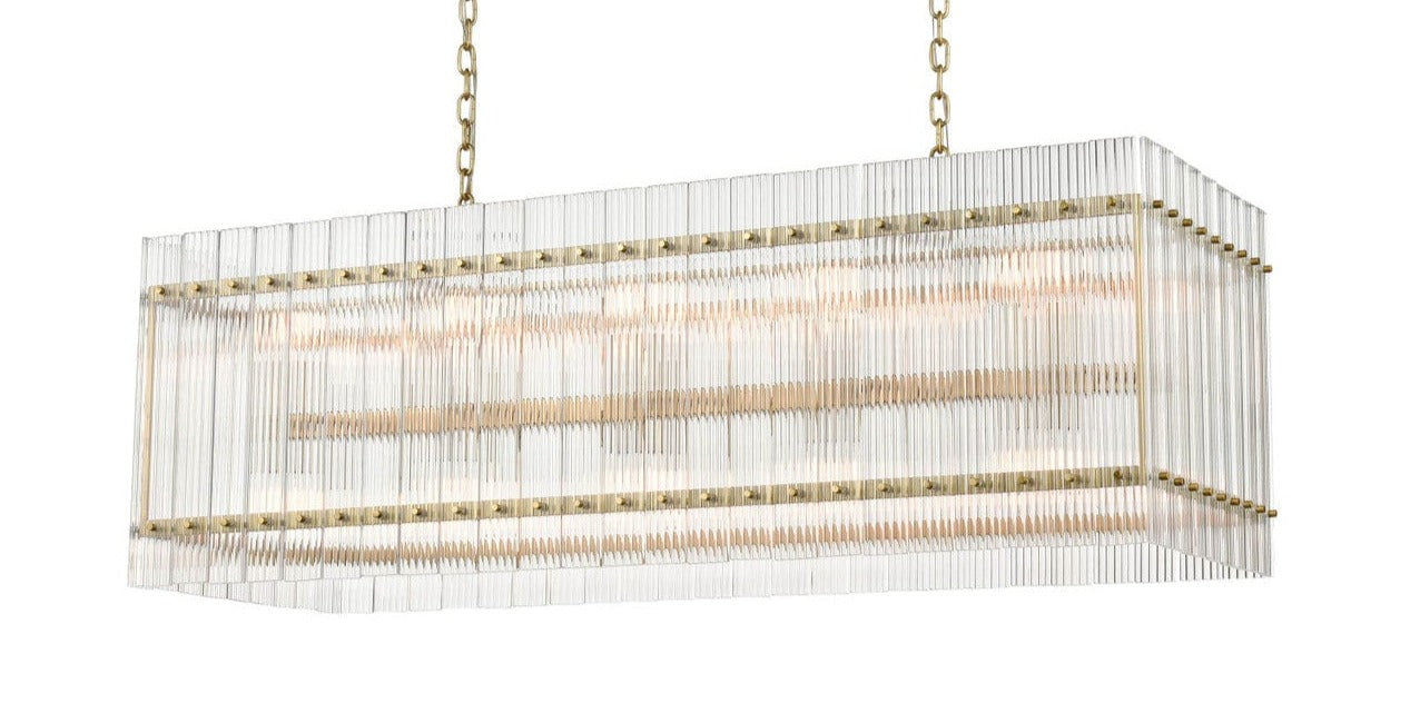 Zeev Lighting 20-Light Fluted Glass Panel Aged Brass Rectangular Dining Chandelier
